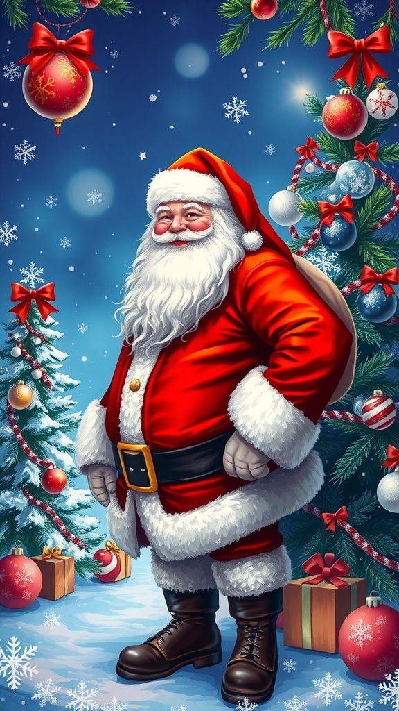 A festive Christmas background with Santa Claus, snowflakes, and Christmas decorations.